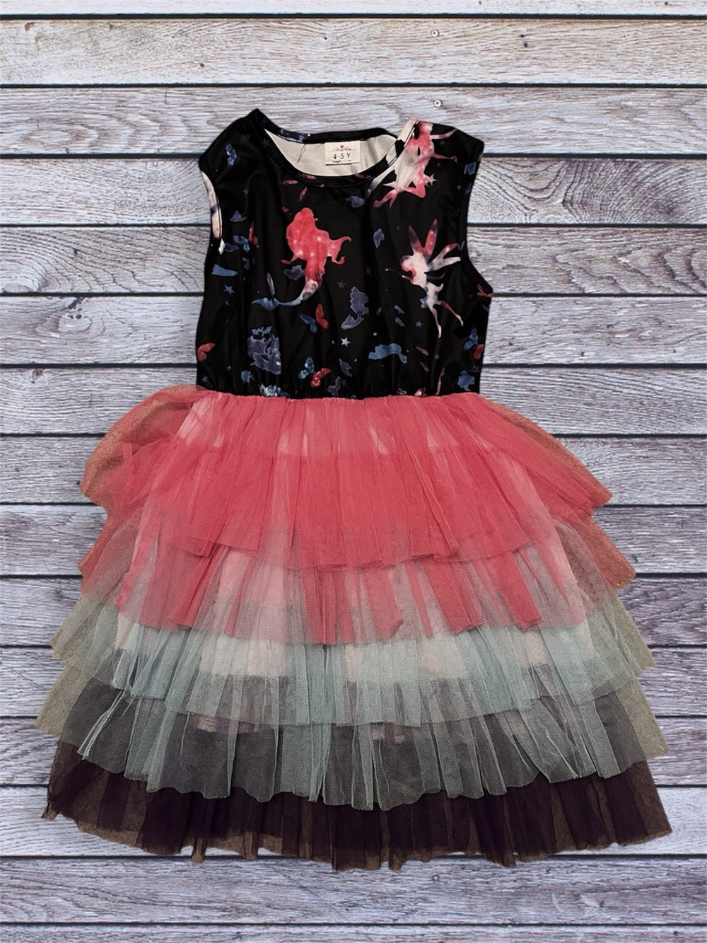 Girls' Layered Tulle Dress with Mermaid / Fairy Print Bodice 4-5y